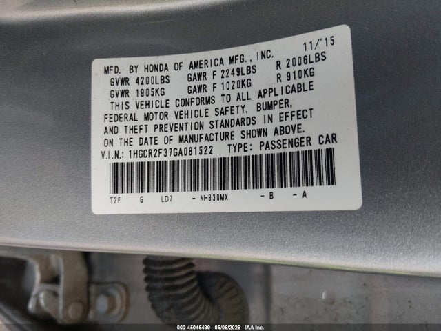 45045499 :رقم المزاد ، 1HGCR2F37GA081522 vin ، 2016 Honda Accord Lx مزاد بيع