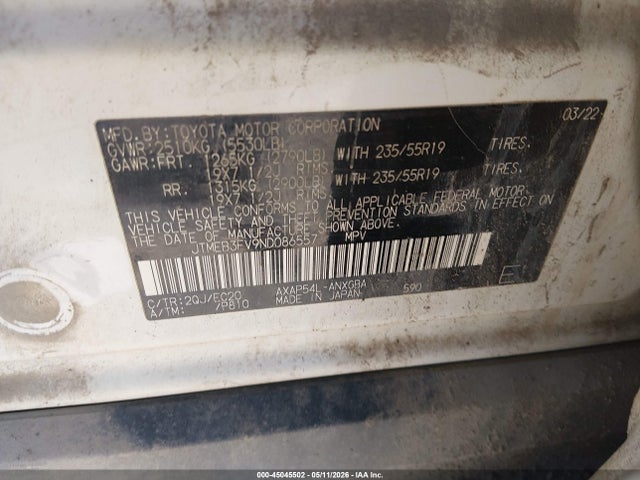 Aukcja sprzedaży 2022 Toyota Rav4 Prime Xse, vin: JTMEB3FV9ND086557, numer aukcji: 45045502