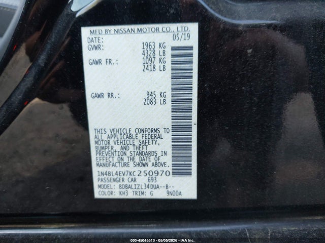 Aukcja sprzedaży 2019 Nissan Altima 2.5 Sv, vin: 1N4BL4DV7KC250970, numer aukcji: 45045510