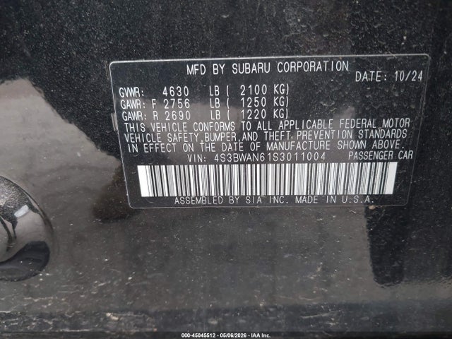 45045512 :رقم المزاد ، 4S3BWAN61S3011004 vin ، 2025 Subaru Legacy Limited مزاد بيع