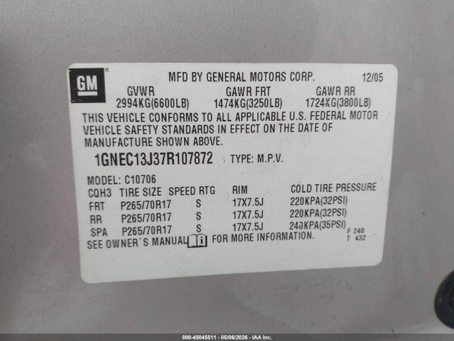 45045511 :رقم المزاد ، 1GNEC13J37R107872 vin ، 2007 Chevrolet Tahoe Lt مزاد بيع