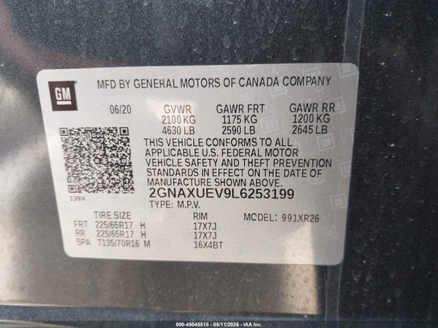 Продаж на аукціоні авто 2020 Chevrolet Equinox Awd Lt 1.5l Turbo, vin: 2GNAXUEV9L6253199, номер лоту: 45045515