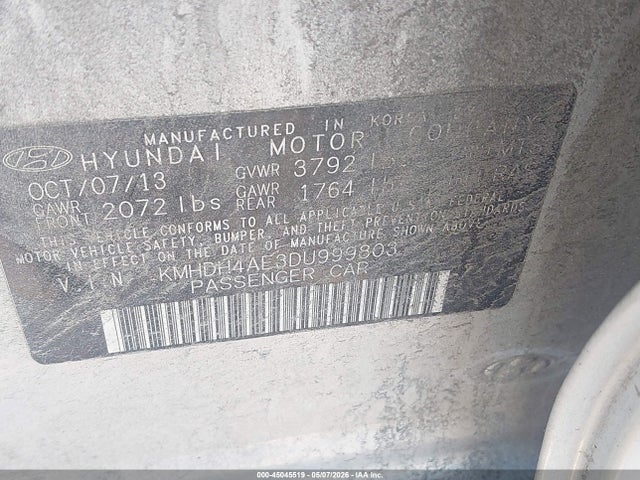 2013 Hyundai Elantra Gls მანქანა იყიდება აუქციონზე, vin: KMHDH4AE3DU999803, აუქციონის ნომერი: 45045519