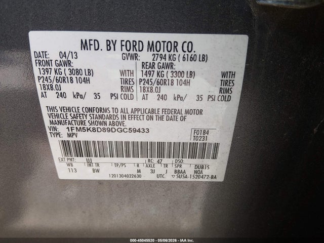 2013 Ford Explorer Xlt მანქანა იყიდება აუქციონზე, vin: 1FM5K8D89DGC59433, აუქციონის ნომერი: 45045520
