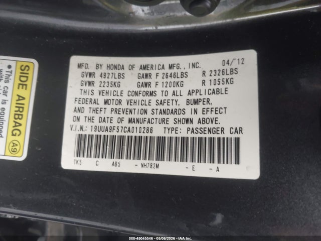 Aukcja sprzedaży 2012 Acura Tl 3.7, vin: 19UUA9F57CA010286, numer aukcji: 45045546