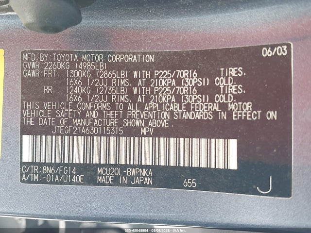 Aukcja sprzedaży 2003 Toyota Highlander V6, vin: JTEGF21A630115315, numer aukcji: 45045554