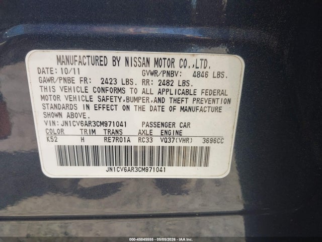 Aukcja sprzedaży 2012 Infiniti G37x, vin: JN1CV6AR3CM971041, numer aukcji: 45045555