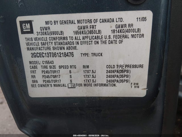 2006 Chevrolet Silverado 1500 Lt1 მანქანა იყიდება აუქციონზე, vin: 2GCEC13T061218476, აუქციონის ნომერი: 45045561