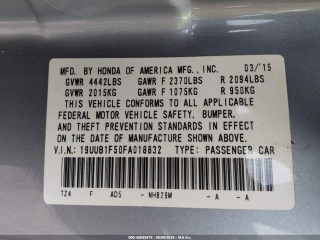45045578 :رقم المزاد ، 19UUB1F50FA018832 vin ، 2015 Acura Tlx Tech مزاد بيع
