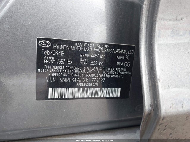 Aukcja sprzedaży 2019 Hyundai Sonata Sel, vin: 5NPE34AFXKH776097, numer aukcji: 45045579