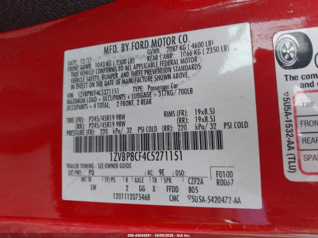 Aukcja sprzedaży 2012 Ford Mustang Gt Premium, vin: 1ZVBP8CF4C5271151, numer aukcji: 45045581