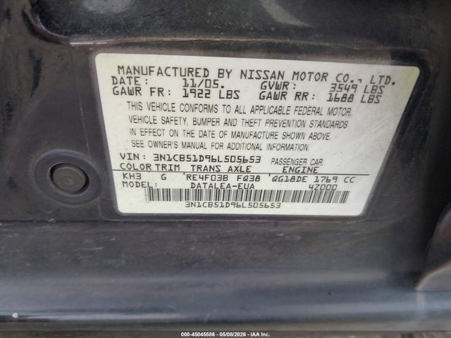 2006 Nissan Sentra 1.8s მანქანა იყიდება აუქციონზე, vin: 3N1CB51D96L505653, აუქციონის ნომერი: 45045586