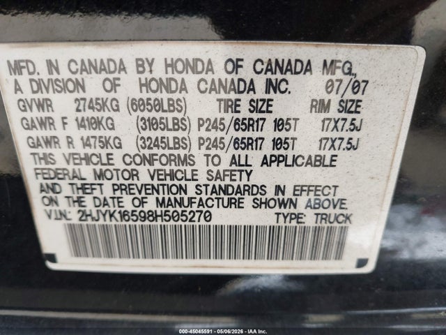 Продаж на аукціоні авто 2008 Honda Ridgeline Rtl, vin: 2HJYK16598H505270, номер лоту: 45045591