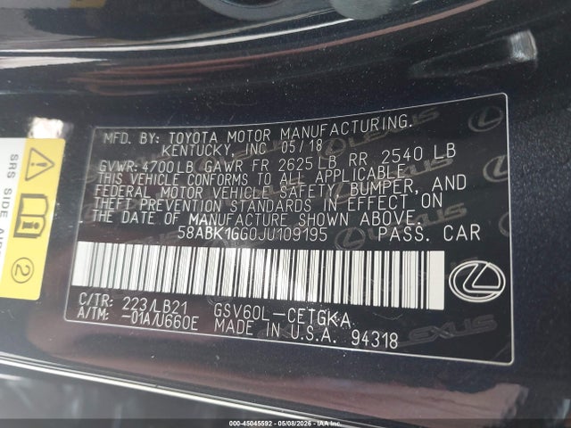 45045592 :رقم المزاد ، 58ABK1GG0JU109195 vin ، 2018 Lexus Es 350 مزاد بيع