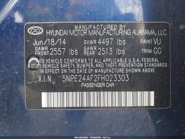 Продаж на аукціоні авто 2015 Hyundai Sonata Se, vin: 5NPE24AF2FH023303, номер лоту: 45045594