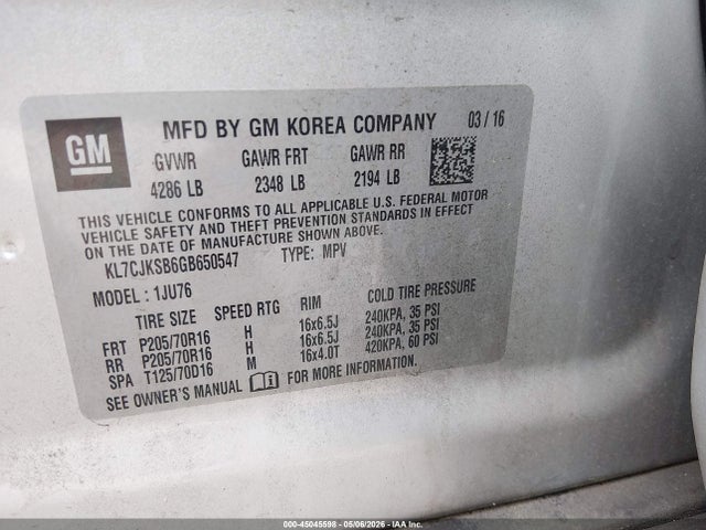 Aukcja sprzedaży 2016 Chevrolet Trax 1ls, vin: KL7CJKSB6GB650547, numer aukcji: 45045598