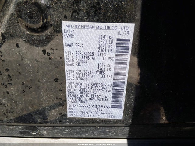 Продажа на аукционе авто 2019 Nissan Rogue Sv, vin: 5N1AT2MV7KC782808, номер лота: 45045602