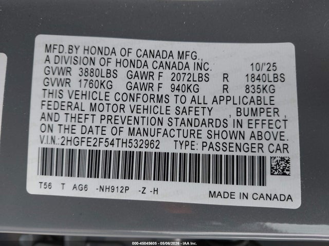 2HGFE2F54TH532962 Honda Civic Sport