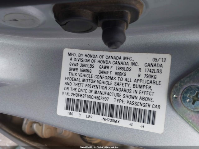 Auction sale of the 2012 Honda Civic Lx, vin: 2HGFB2F5XCH567997, lot number: 45045611