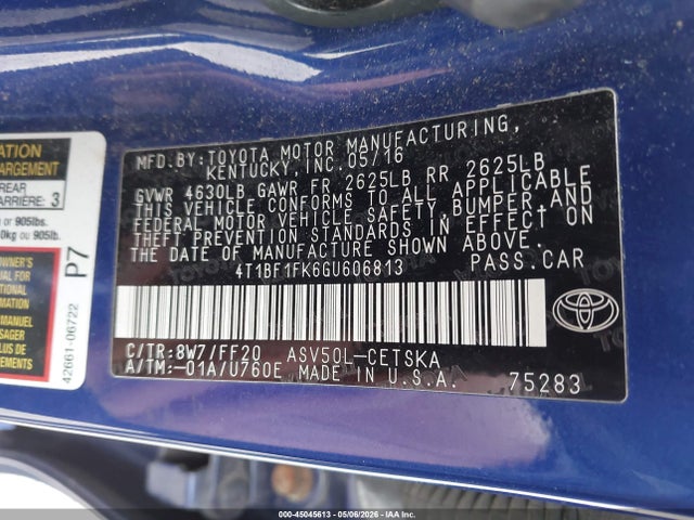 2016 Toyota Camry Se მანქანა იყიდება აუქციონზე, vin: 4T1BF1FK6GU606813, აუქციონის ნომერი: 45045613