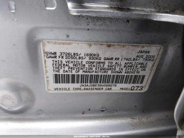 2006 Mitsubishi Lancer Es/se მანქანა იყიდება აუქციონზე, vin: JA3AJ26E56U068276, აუქციონის ნომერი: 45045616