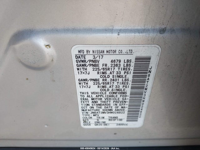 Aukcja sprzedaży 2017 Nissan Rogue S, vin: JN8AT2MV3HW024822, numer aukcji: 45045624