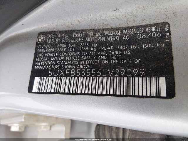 45045629 :رقم المزاد ، 5UXFB53556LV29099 vin ، 2006 Bmw X5 4.4i مزاد بيع