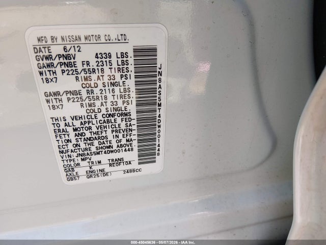 Aukcja sprzedaży 2013 Nissan Rogue Sv W/sl Pkg, vin: JN8AS5MT4DW001448, numer aukcji: 45045636