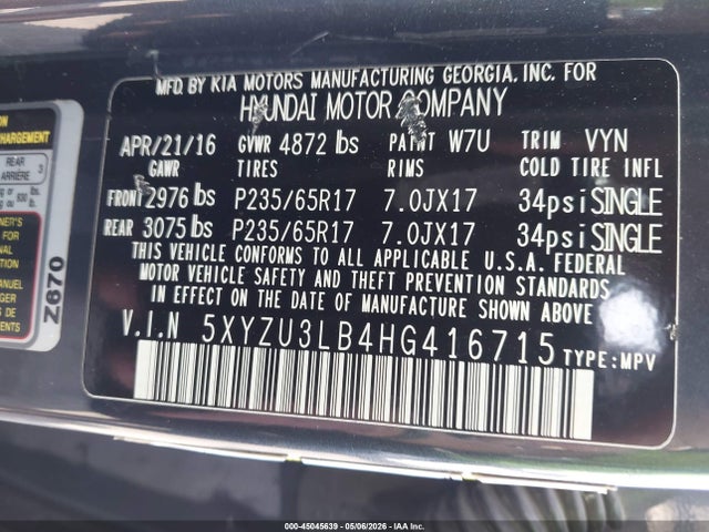 Продажа на аукционе авто 2017 Hyundai Santa Fe Sport 2.4l, vin: 5XYZU3LB4HG416715, номер лота: 45045639