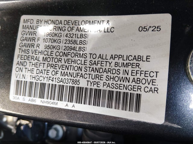45045647 :رقم المزاد ، 1HGCY1F41SA037885 vin ، 2025 Honda Accord Se مزاد بيع