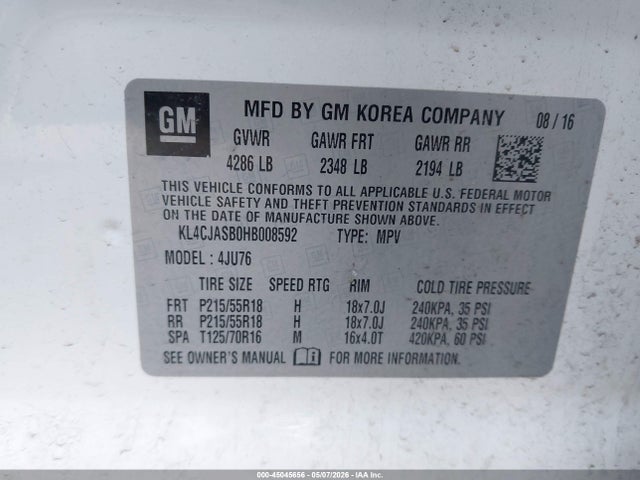 45045656 :رقم المزاد ، KL4CJASB0HB008592 vin ، 2017 Buick Encore Preferred مزاد بيع