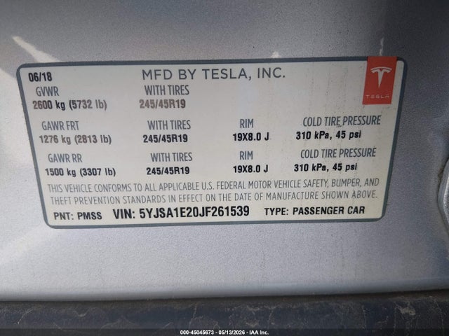 2018 Tesla Model S 100d/75d/p100d მანქანა იყიდება აუქციონზე, vin: 5YJSA1E20JF261539, აუქციონის ნომერი: 45045673