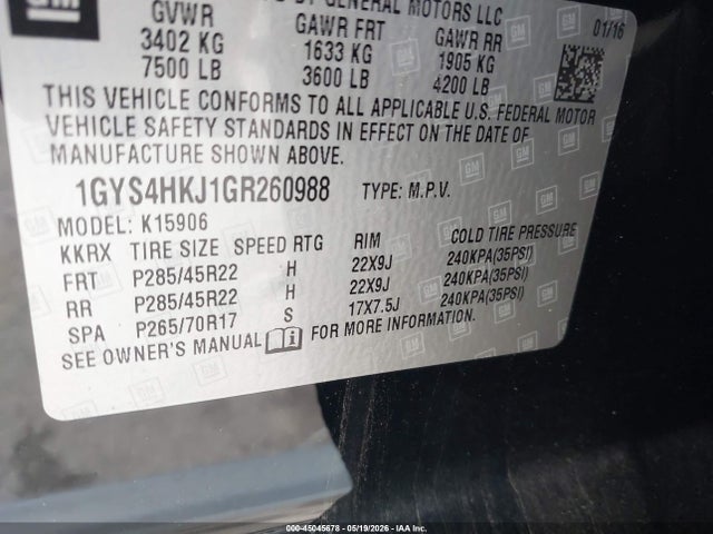 Продаж на аукціоні авто 2016 Cadillac Escalade Esv Luxury Collection, vin: 1GYS4HKJ1GR260988, номер лоту: 45045678