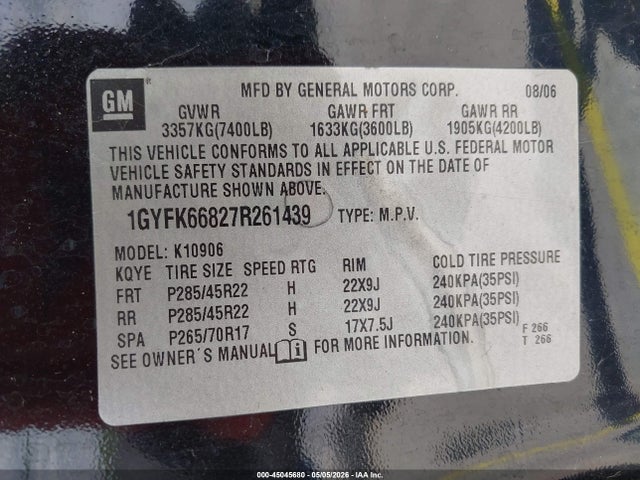Продаж на аукціоні авто 2007 Cadillac Escalade Esv Standard, vin: 1GYFK66827R261439, номер лоту: 45045680