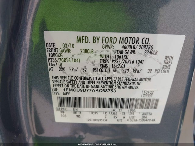 Продажа на аукционе авто 2010 Ford Escape Xlt, vin: 1FMCU9D77AKC68753, номер лота: 45045687