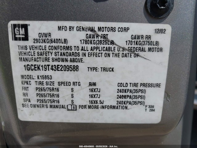 45045688 :رقم المزاد ، 1GCEK19T43E209588 vin ، 2003 Chevrolet Silverado 1500 Ls مزاد بيع