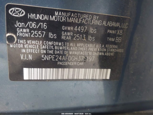 45045689 :رقم المزاد ، 5NPE24AF0GH375197 vin ، 2016 Hyundai Sonata Se مزاد بيع