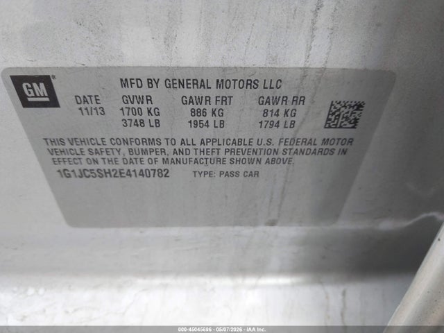 Aukcja sprzedaży 2014 Chevrolet Sonic Lt Auto, vin: 1G1JC5SH2E4140782, numer aukcji: 45045696