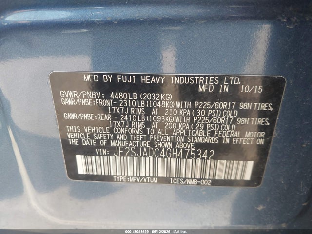 45045699 :رقم المزاد ، JF2SJADC4GH475342 vin ، 2016 Subaru Forester 2.5i Premium مزاد بيع