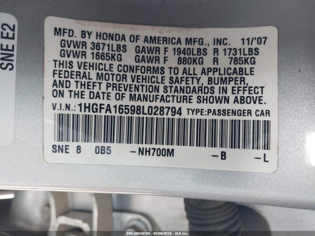 Продажа на аукционе авто 2008 Honda Civic Lx, vin: 1HGFA16598L028794, номер лота: 45045700