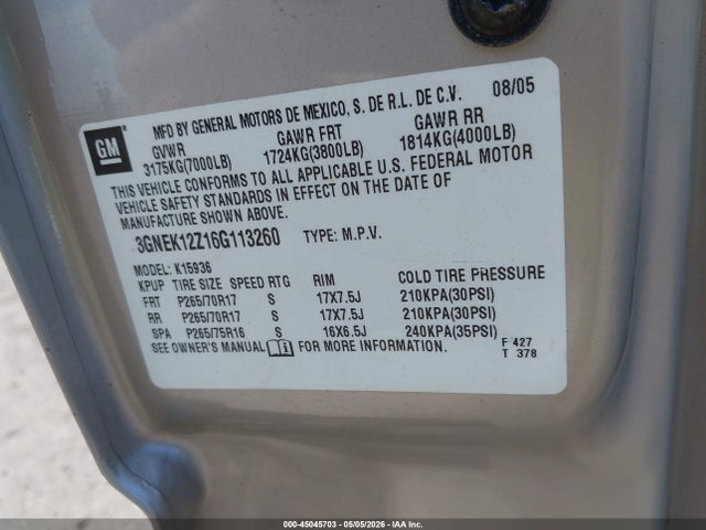 2006 Chevrolet Avalanche 1500 Z71 მანქანა იყიდება აუქციონზე, vin: 3GNEK12Z16G113260, აუქციონის ნომერი: 45045703