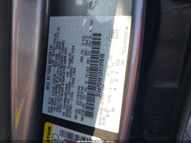 45045705 :رقم المزاد ، 3FA6P0HR5DR109848 vin ، 2013 Ford Fusion Se مزاد بيع