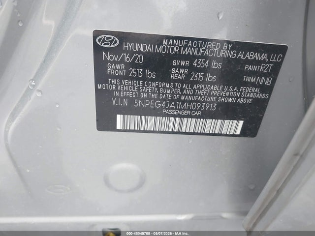Aukcja sprzedaży 2021 Hyundai Sonata Se, vin: 5NPEG4JA1MH093913, numer aukcji: 45045708