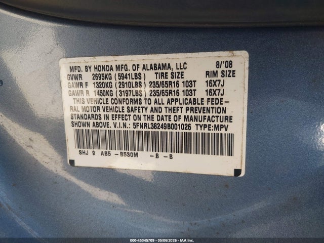 45045709 :رقم المزاد ، 5FNRL38249B001026 vin ، 2009 Honda Odyssey Lx مزاد بيع