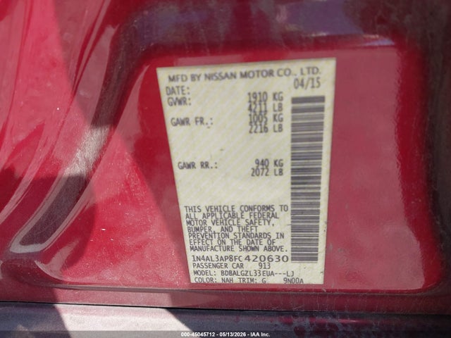 Aukcja sprzedaży 2015 Nissan Altima 2.5 S, vin: 1N4AL3AP8FC420630, numer aukcji: 45045712