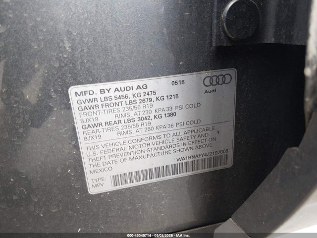 2018 Audi Q5 2.0t Premium/2.0t Tech Premium მანქანა იყიდება აუქციონზე, vin: WA1BNAFY4J2197008, აუქციონის ნომერი: 45045714