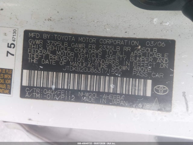 2006 Toyota Prius მანქანა იყიდება აუქციონზე, vin: JTDKB20U863171555, აუქციონის ნომერი: 45045722