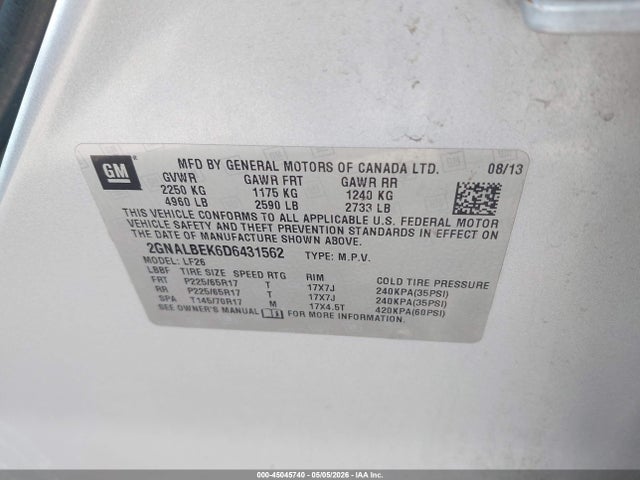 45045740 :رقم المزاد ، 2GNALBEK6D6431562 vin ، 2013 Chevrolet Equinox Ls مزاد بيع