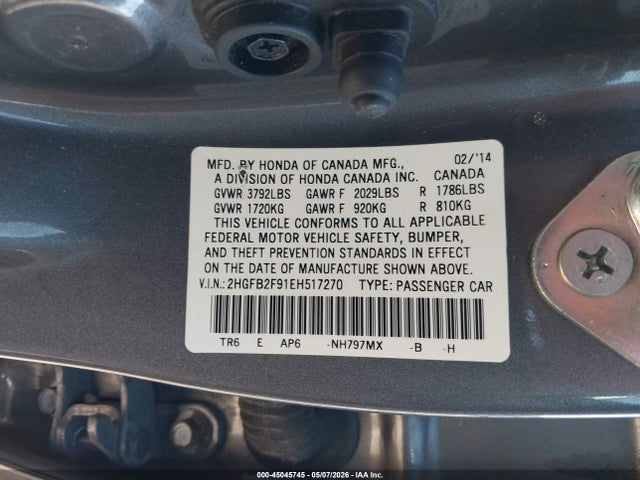 Aukcja sprzedaży 2014 Honda Civic Ex-l, vin: 2HGFB2F91EH517270, numer aukcji: 45045745