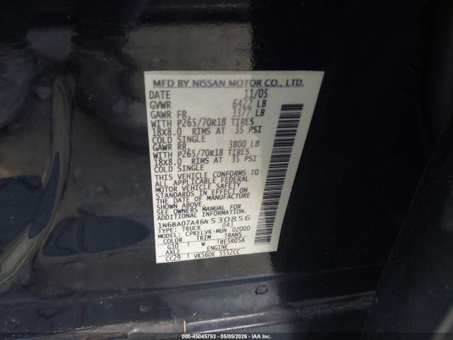 45045753 :رقم المزاد ، 1N6BA07A46N530856 vin ، 2006 Nissan Titan Le مزاد بيع